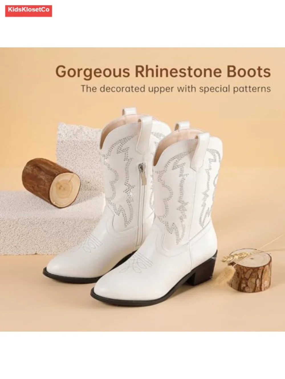 Girls Cowboy Boots Pull On Mid Calf Western Boots Rhinestone Embellished